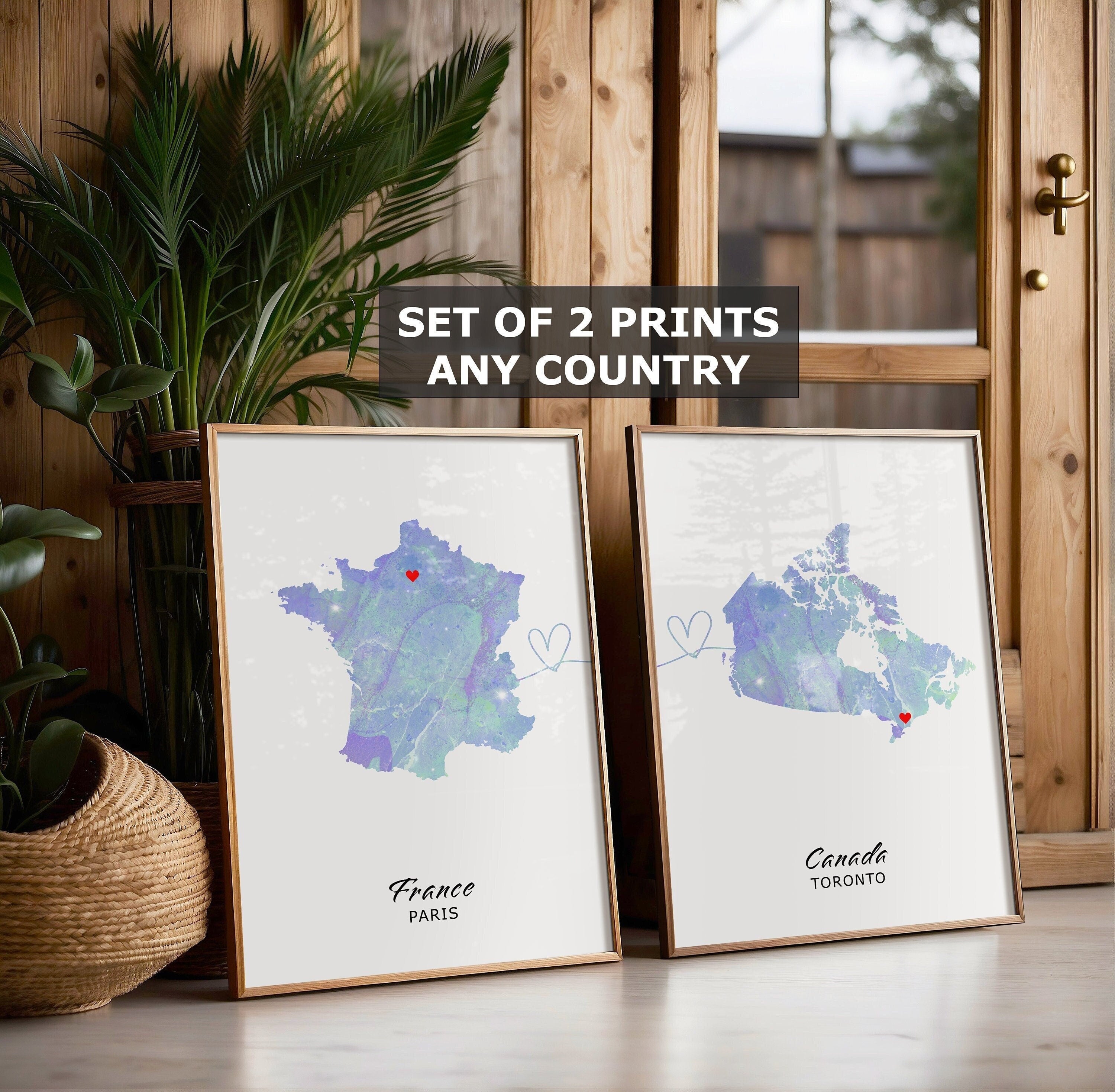 Custom Watercolour Map Prints - Set of 2 Any Two Countries, Personalised Map Wall Art, New Home Gift, Fathers Day Gift