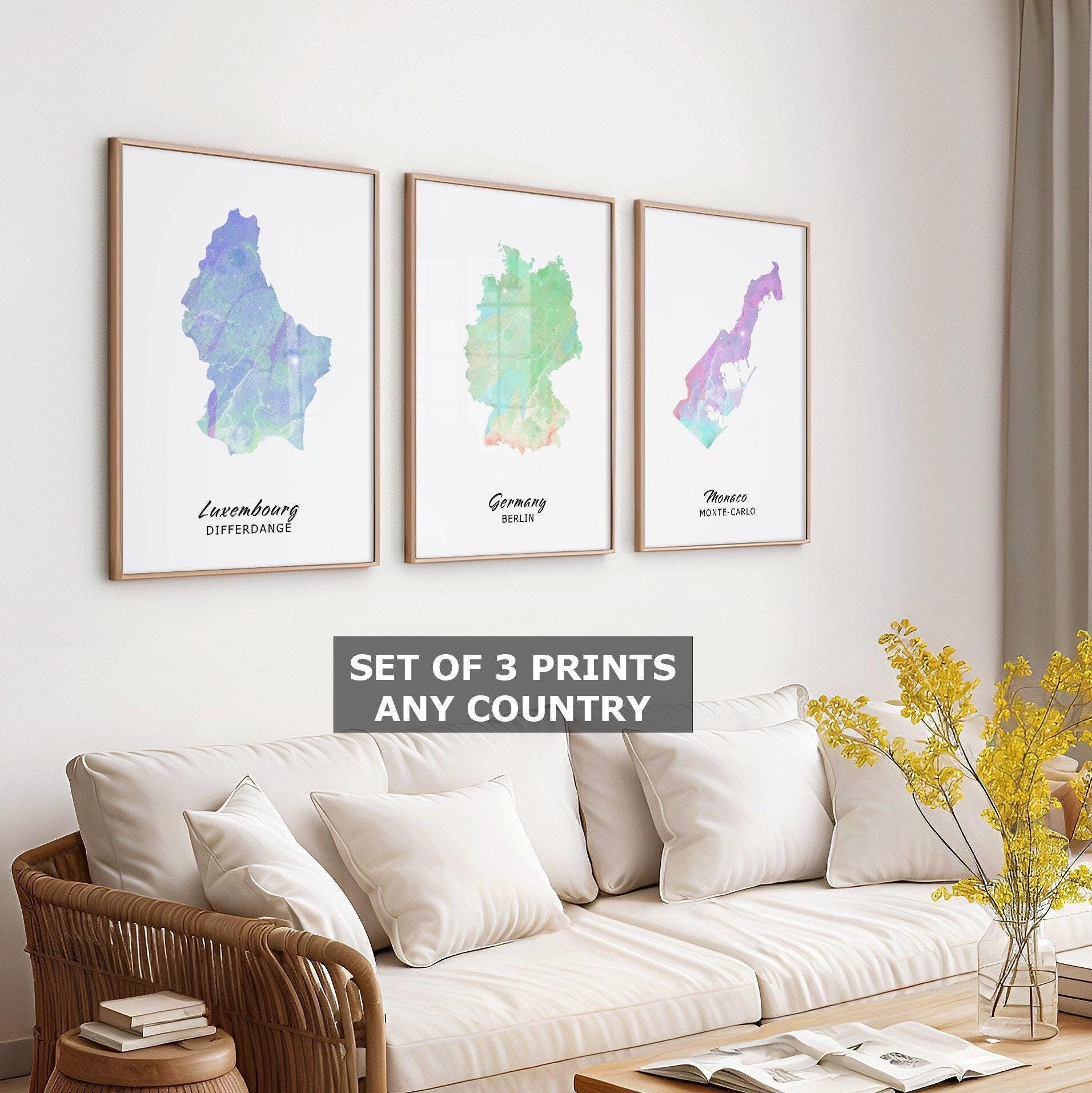 Set of 3 Personalised Map Prints - Any Three Countries, Custom Map Art, New Home Gift, Fathers Day Gift, World Map, City Map