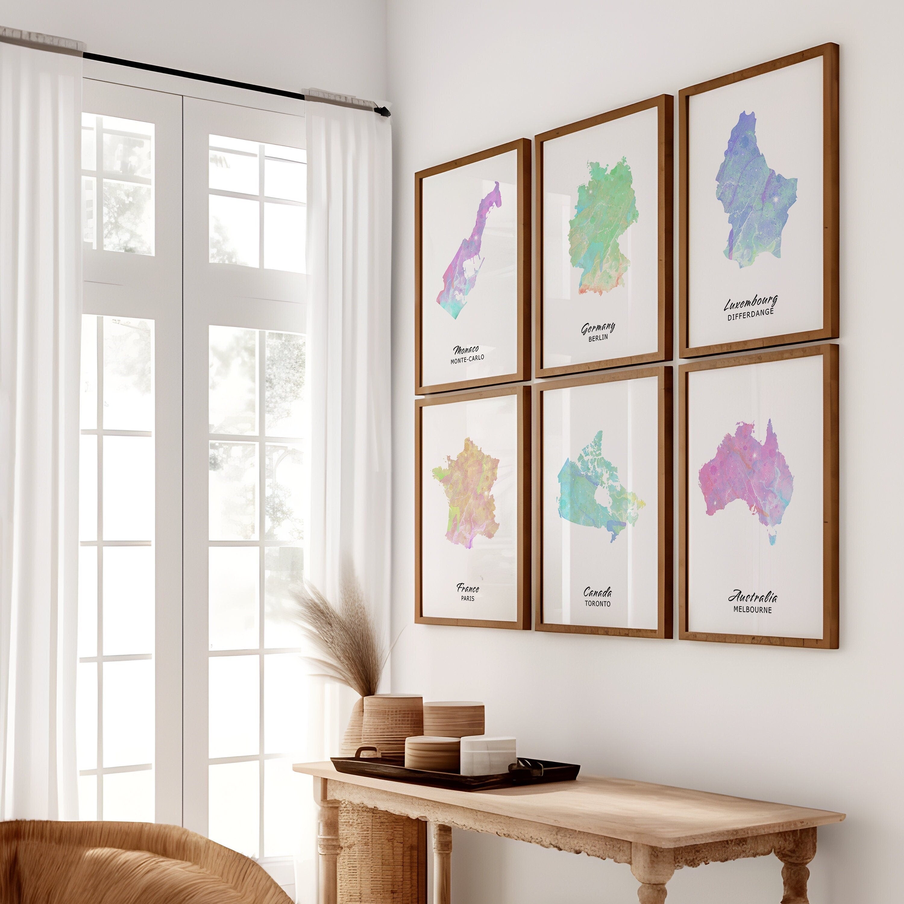 Set of 6 Custom Watercolour Map Prints - Any Two Countries, Personalized Map Wall Art, New Home Gift, Fathers Day Gift - Digital File