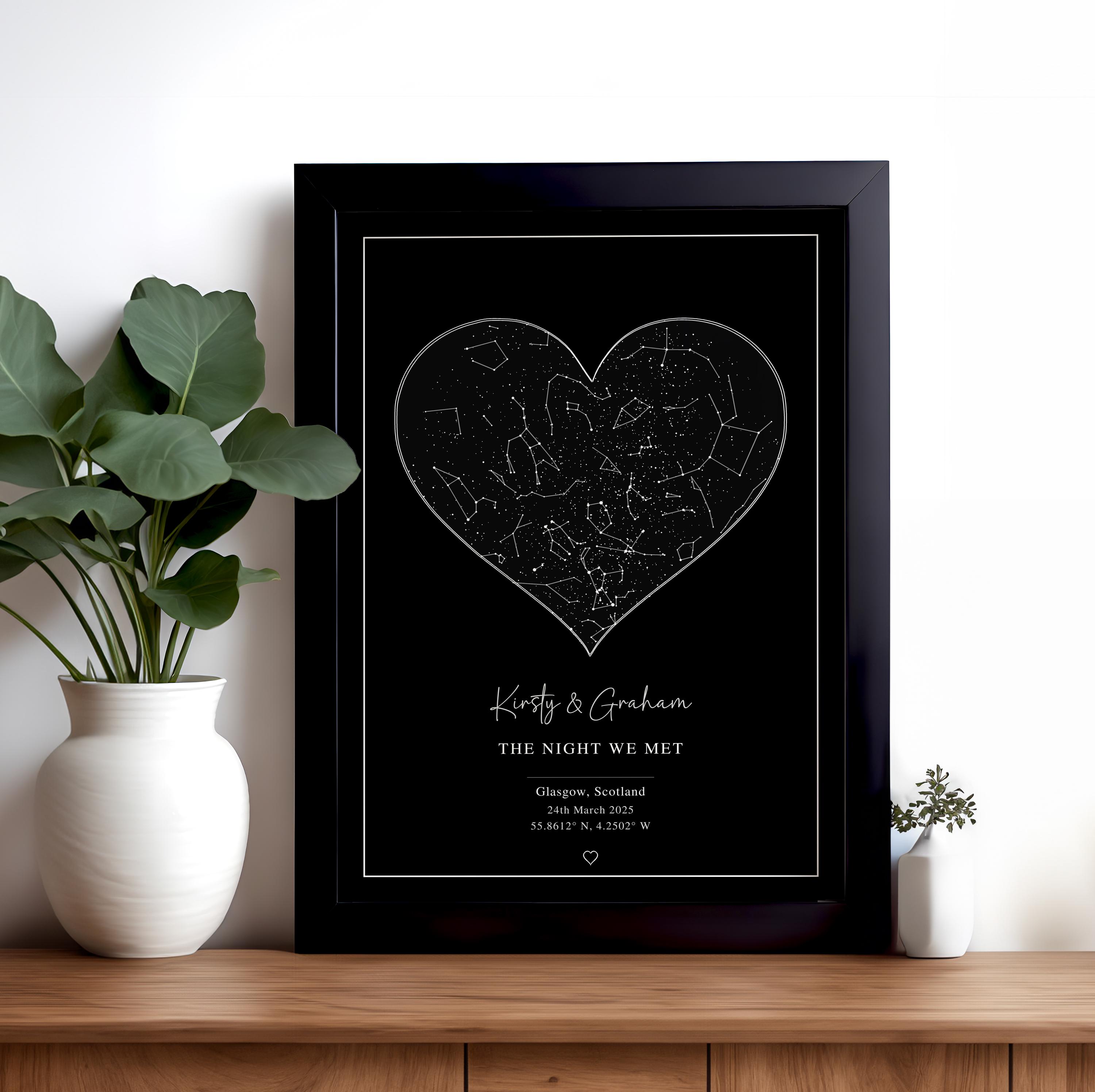 Custom Heart Star Map, Personalised Night Sky Wall Art
